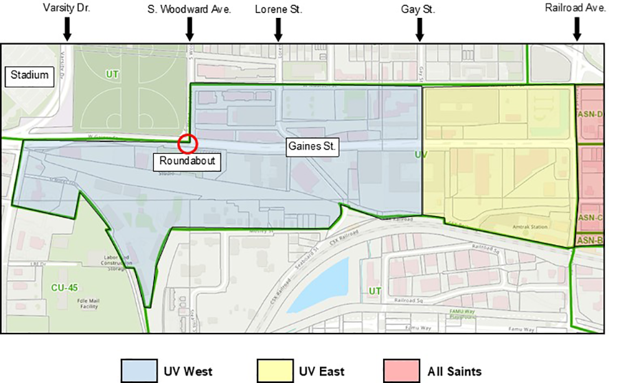 Map of the UV district, showing a blue area from the stadium to Gay Street, a yellow area from Gay Street to Railroad Avenue and a red are showing the edge of the All Saints neighborhood
