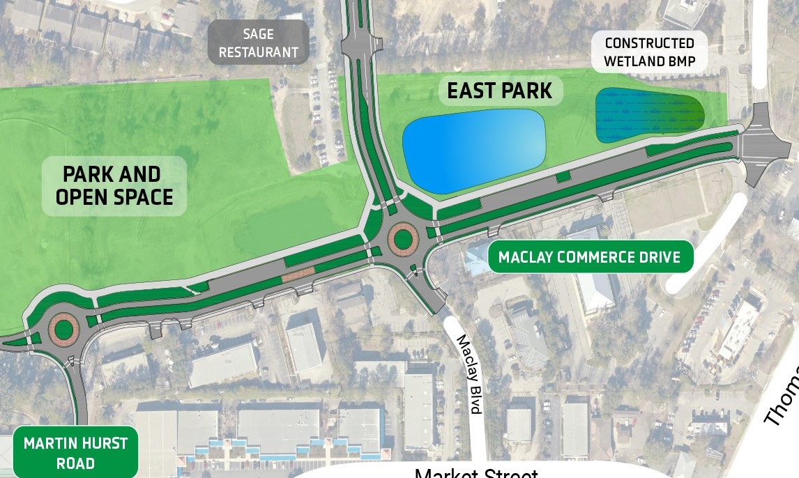 diagram of proposed roadway improvements on Meclay Commons area