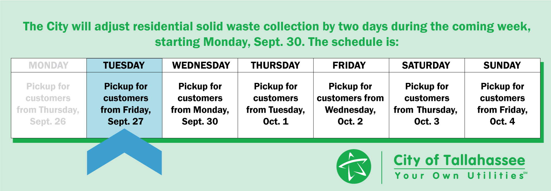 Updated Solid Waste Schedule for week of Sep. 30